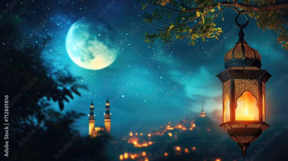 Moonlit night with an illuminated lantern hanging from a tree Moonlit night with an illuminated lantern hanging from a tree