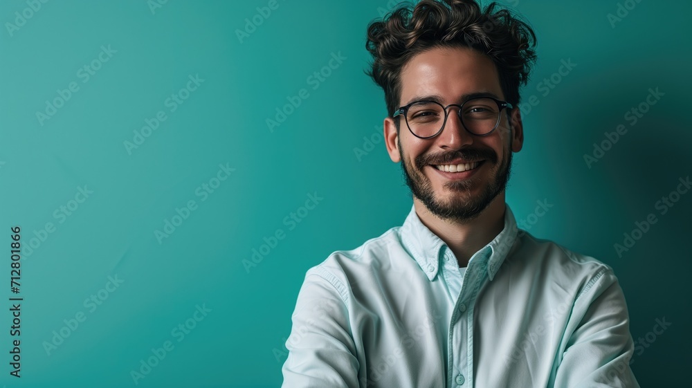 Fototapeta premium Smiling young man with glasses against a teal background