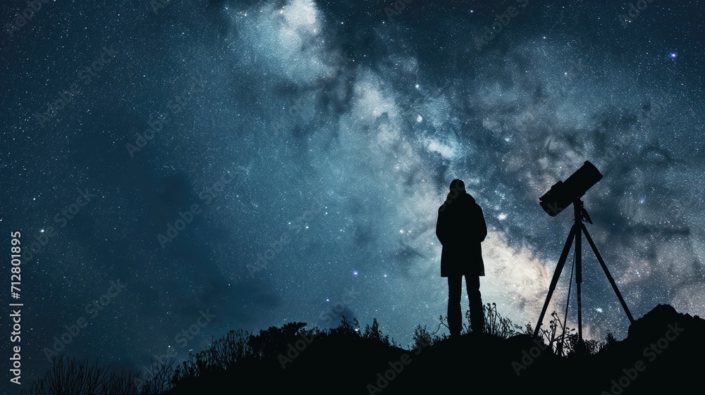 Silhouette of a person with a telescope against cosmic clouds