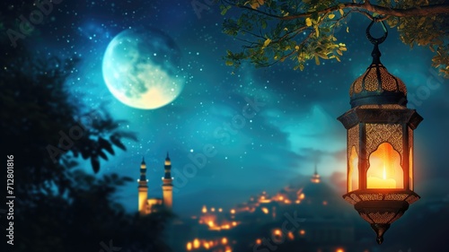 Moonlit night with an illuminated lantern hanging from a tree