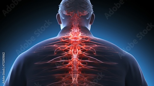 Detailed medical illustration of male anatomy with inflamed lumbar spine and associated pathologies photo