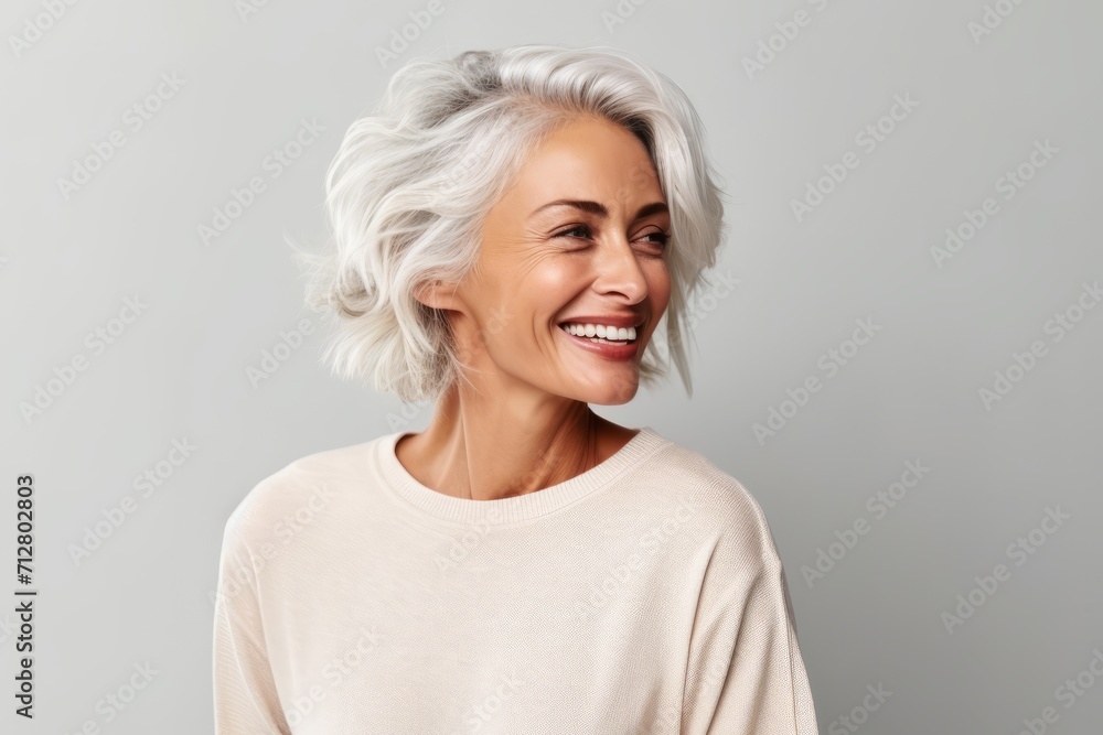 Portrait of a happy mature woman looking at camera over grey background