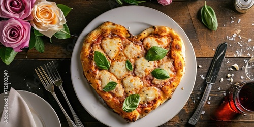 Heart shaped pizza for Valentines day on dark rustic wooden background pragma