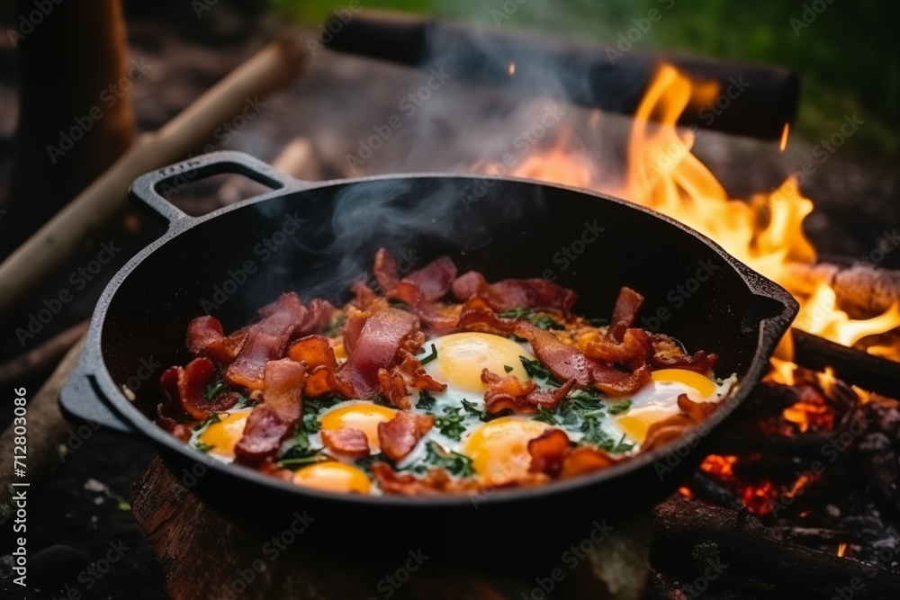 Camping breakfast on fire with bacon and eggs in a cast iron skillet. Fried eggs with bacon in a pan in the forest. Food for camping. generative ai Camping breakfast on fire with bacon and eggs in a cast iron skillet. Fried eggs with bacon in a pan in the forest. Food for camping. generative ai