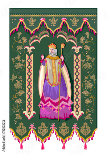 Catholic gonfalon from the French church in Locronan. Beautiful embroidery of Saint Eutropius. Religious object from a cloth. Hand drawn flat vector.