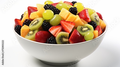 Colorful and nutritious bowl of fresh fruit salad, top view isolated on white background