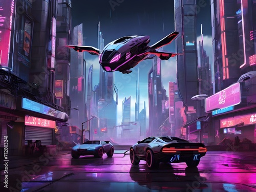 Futuristic spaceship flying in the night city. 3D rendering.