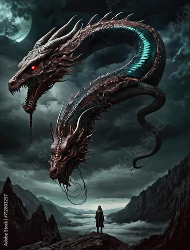 Terrifying Nightmare - Scaly Serpent, Horned Beast, Levitation, Dark Fantasy Art Gen AI photo