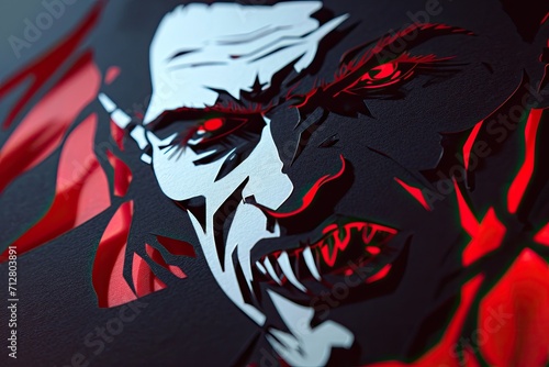 A close-up of a vampire face with sharp fangs and blood red eyes Halloween art design vampire fangs