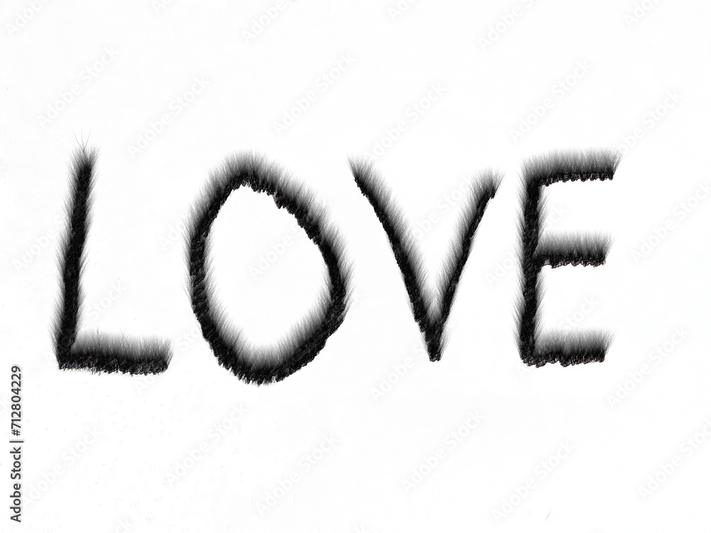 LOVE drawing freehand, black text paper artistic white texture background. Valentine concept.