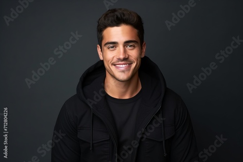 Portrait of a handsome young man smiling at the camera on a dark background