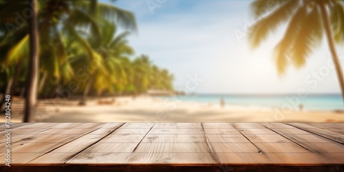 Empty wood table with blurred beach background - ready for product display.