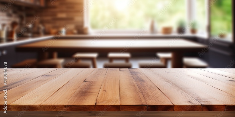 Wooden table with blurred kitchen bench background Wooden table with blurred kitchen bench background
