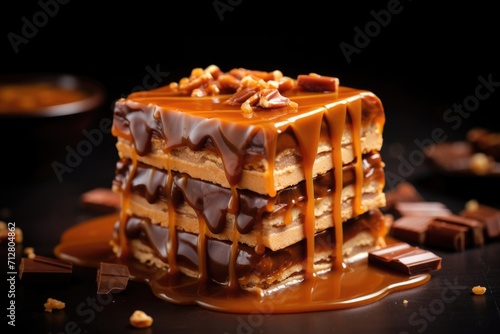 A decadent fusion of smooth peanut er and velvety caramel, creating a beautifully layered masterpiece, with an extra drizzle of salted caramel on top for an irresistible finish. photo