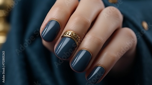 Glamorous woman showcasing navy blue nail polish manicure at luxury beauty salon © Ilja