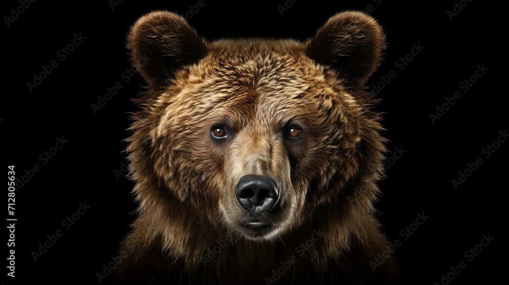 Fototapeta premium Majestic brown bear portrait isolated on black background, ideal for education and campaigns.