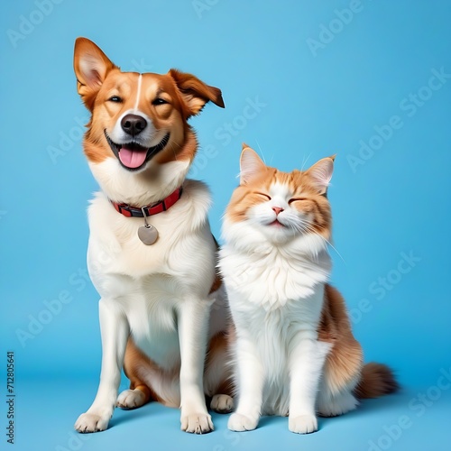 Banner pets. Dog and cat smiling dogs with happy expression. And closed eyes. Isolated on blue colored background on summer or spring season