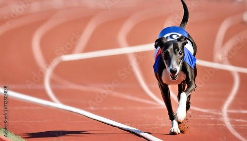 Extreme close-up of sprinting greyhound dog in competition race