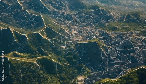 From above view intricate mountain landscape background in geometrical shapes and wireframe conections