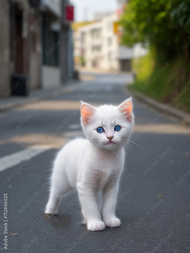 Cute kitten on city street, FUNNY CAT.