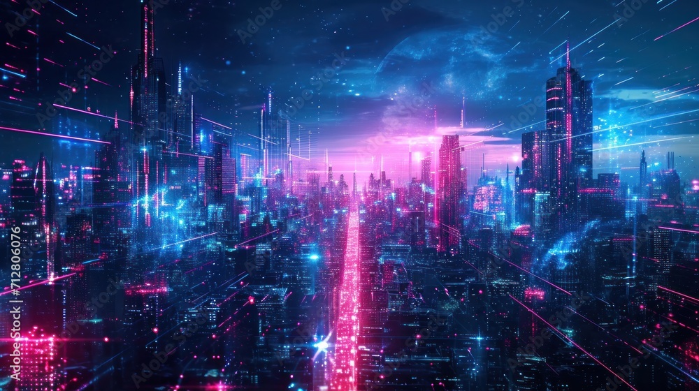 cityscape with space and neon light effect. Modern hi-tech, science, futuristic technology concept. Abstract digital high tech city design for banner background - obrazy, fototapety, plakaty 