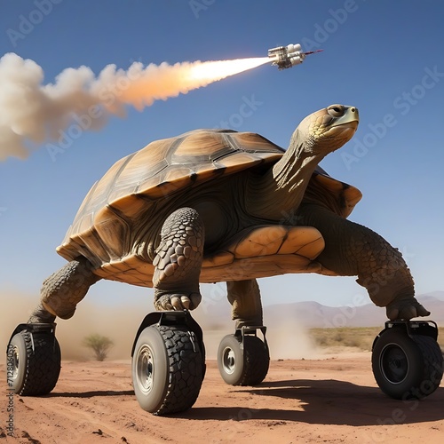 Ingenious tortuise moving fast aided by rocket propulsion vehicle photo