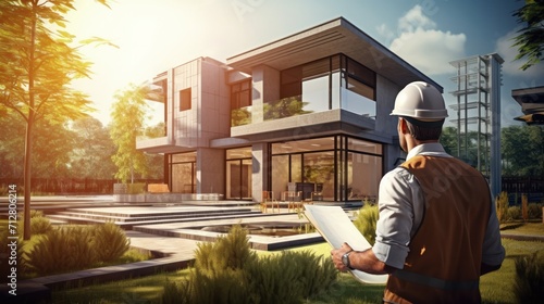 inspector or engineer is inspecting construction and quality assurance new house. Engineers or architects or contactor work to build the house before handing, generate by AI.