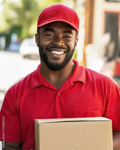Express package delivery Smiling delivery man in red uniform, holding a package, cap, friendly service, outdoor setting, professional, efficient delivery, job satisfaction, daytime.   © Matthew