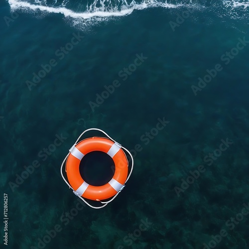 Ocean plastic pollution concept with plastic waist and lifebuoy floating in the ocean or sea