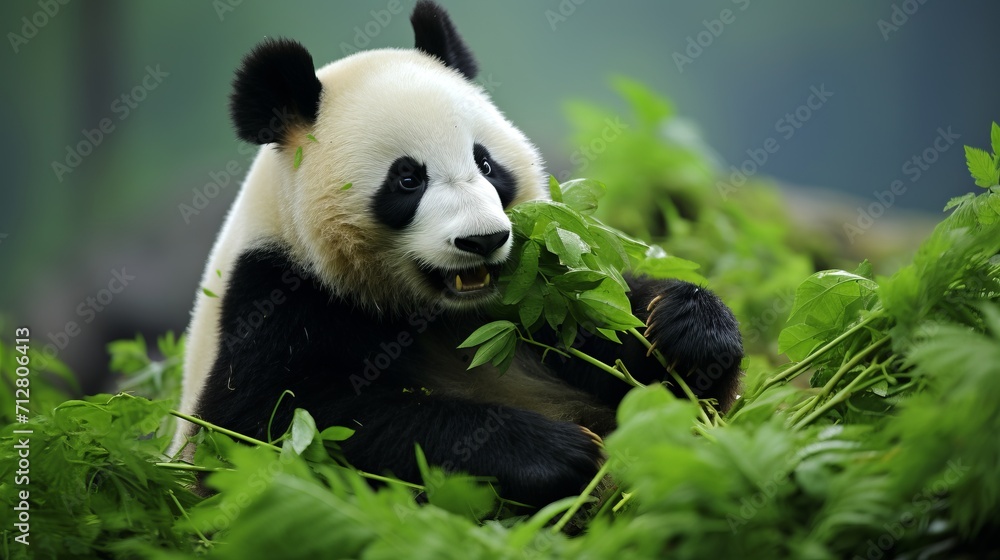 Cute panda bear happily munching on fresh bamboo in its natural habitat Cute panda bear happily munching on fresh bamboo in its natural habitat