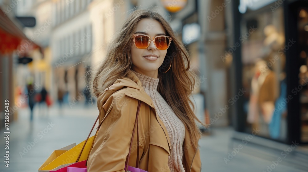 Modern happy Female lifestyle fashion portrait. beautiful attractive young woman girl enjoy stylish walk with shopping bag packages on the street, trendy outfit on shopping mall, browse product Modern happy Female lifestyle fashion portrait. beautiful attractive young woman girl enjoy stylish walk with shopping bag packages on the street, trendy outfit on shopping mall, browse product