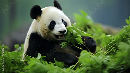Cute panda bear happily munching on fresh bamboo in its natural habitat