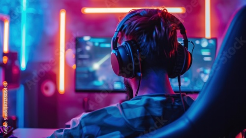 pro gamer man in headphones live streaming while playing online computer game, neon lights, esports,  gaming, monitor, play, young, player, internet, enjoyment, cyber, photo