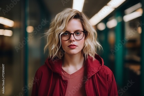Portrait of a beautiful young woman in a red coat and glasses.