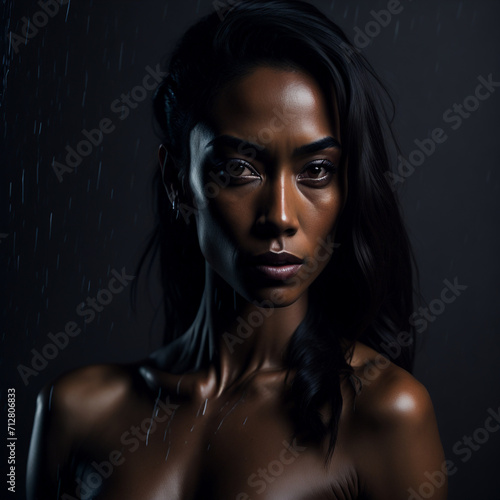 Beautiful portrait of a black african american woman ready for her shower, serious, beautiful, closeup