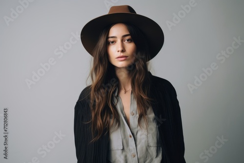 Portrait of beautiful young woman in hat and shirt looking at camera