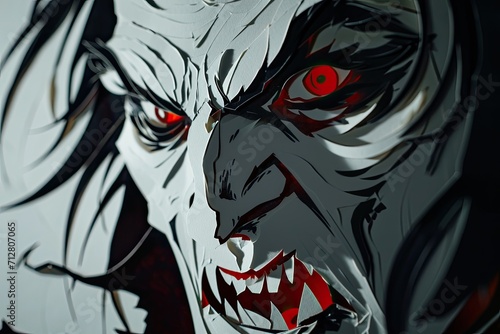 A close-up of a vampire face with sharp fangs and blood red eyes Halloween art design vampire fangs