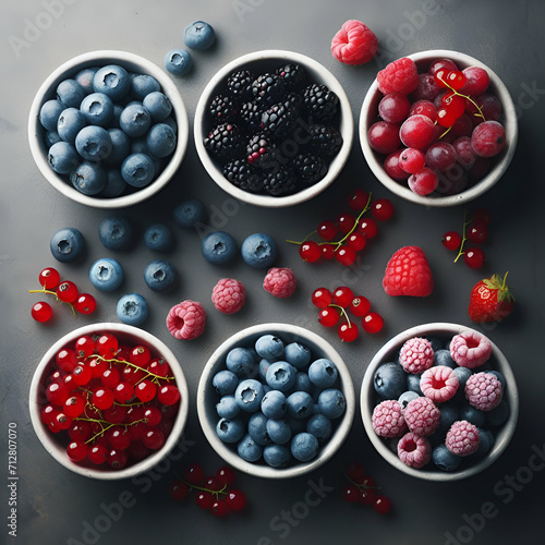 Top Down View of Different White Bowls Filled with there own Fresh Sweet Ripe Berry Type, Blueberry, Blackberry, Currant Raspberry on Table for Breakfast on Oatmeal or Granola & Greek Yogurt Sweetness photo