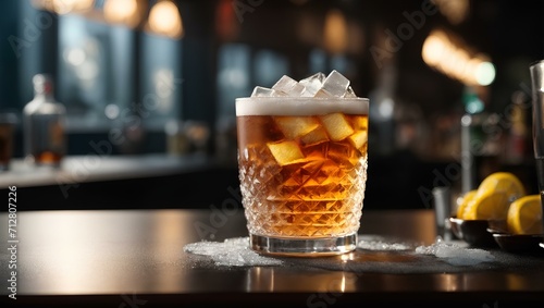 Malt drink in a cup with ice on a black table, drink