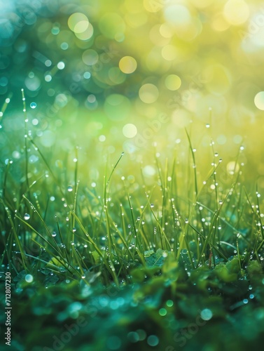 Morning Dew on Fresh Green Grass: Macro View with Sunlight Sparkles 
