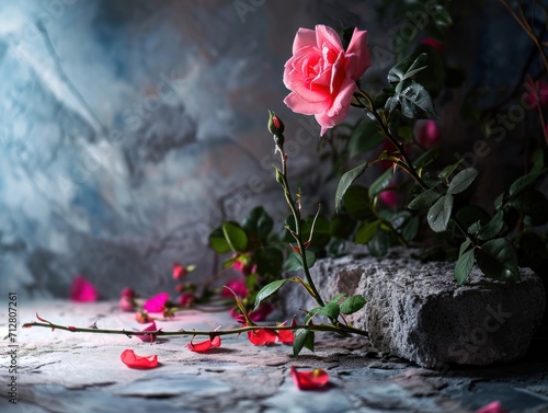 Romantic Pink Rose with Fallen Petals: Vintage Stone Surface and Dramatic Lighting 