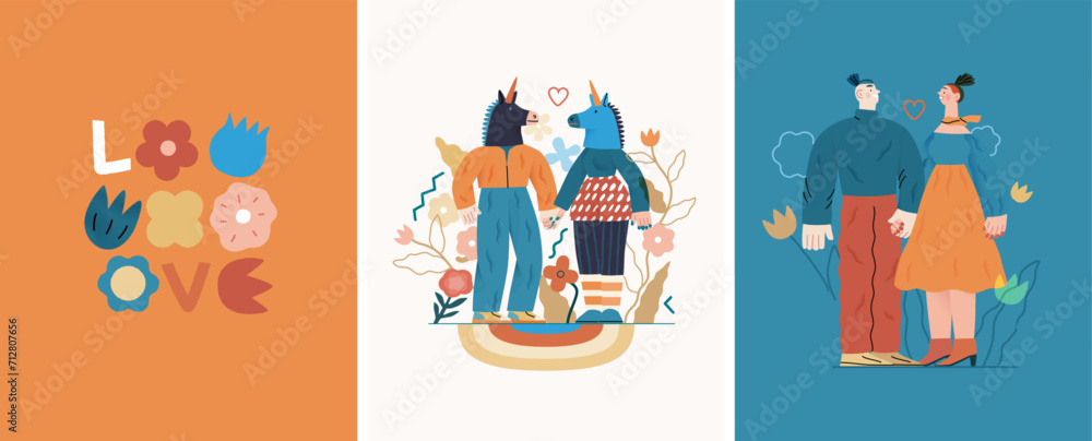 Valentines day cards set - modern flat vector concept illustrations of couples celebrating their love, greeting card design, floral environment. Metaphor of unity, affection, love, connection, growth