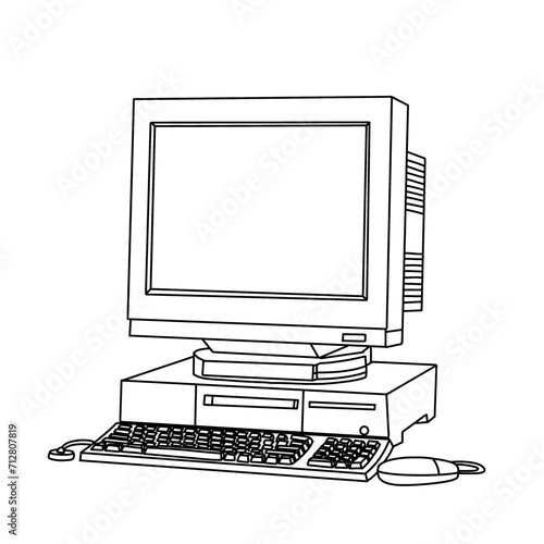 Technical sketch drawing of Old PC desktop computer retro vintage oldschool line art. line drawing of Vintage computer vector illustration, front isometric isolated with white background.