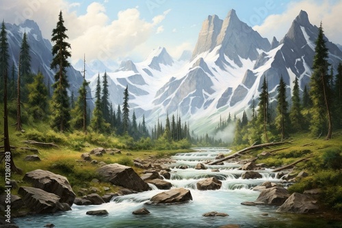 Majestic peaks, cascading waterfall, serene lake, lush forest. Generative AI © Alexander
