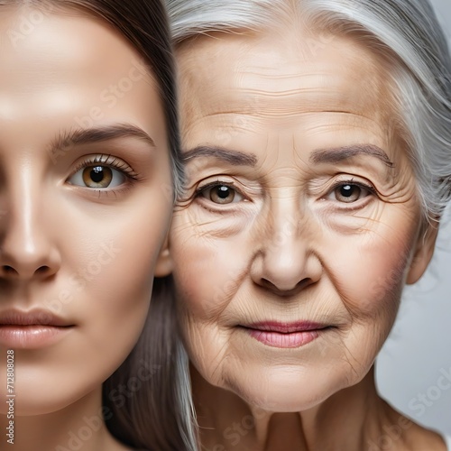 Aging concept with face in split view half of a young girl and the other half of a very old woman