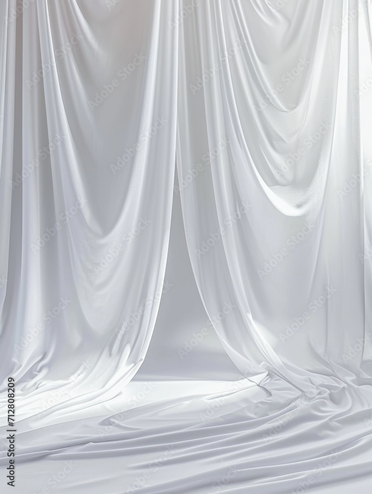 Elegant White Satin Fabric Background with Flowing Drapes and Soft Light, High-Quality Texture
