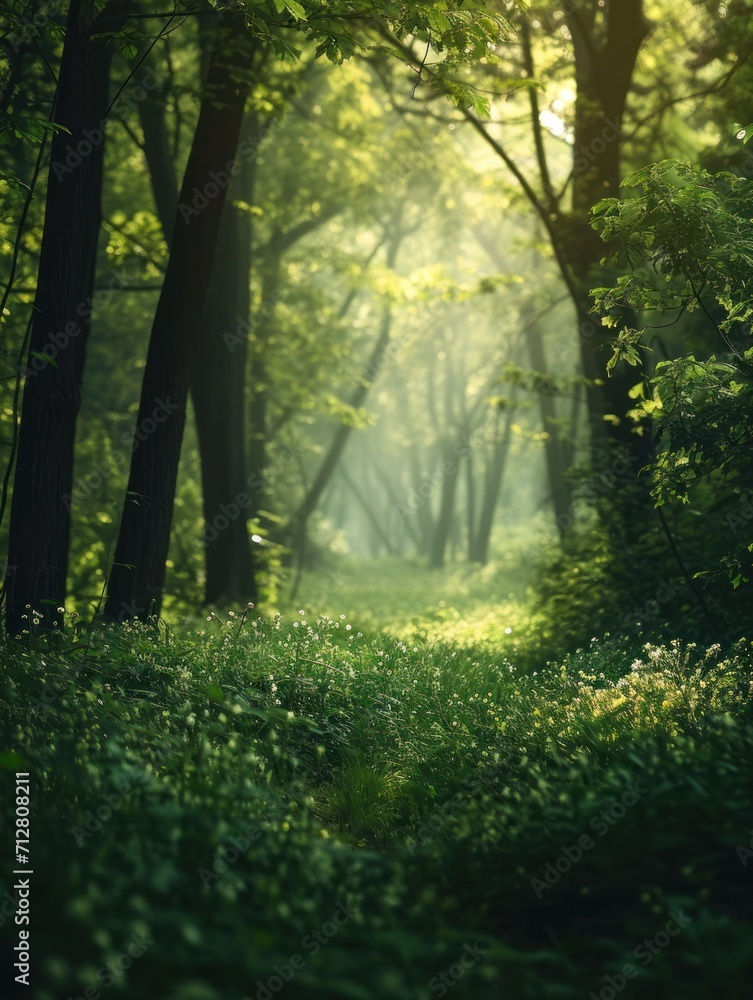 Obraz premium Dreamy Sunlit Forest Path with Fresh Greenery and a Carpet of Wildflowers, Enchanted Woodland