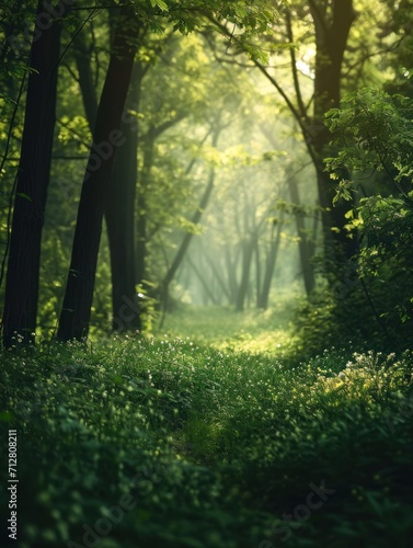 Dreamy Sunlit Forest Path with Fresh Greenery and a Carpet of Wildflowers, Enchanted Woodland 