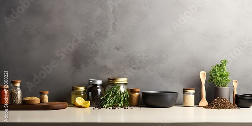 Modern kitchen tools and seasonings placed on counter with room