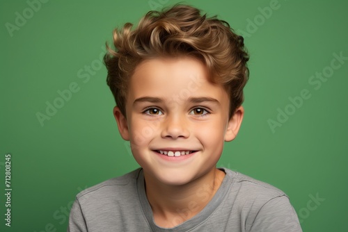 Portrait of a cute little boy smiling at camera over green background